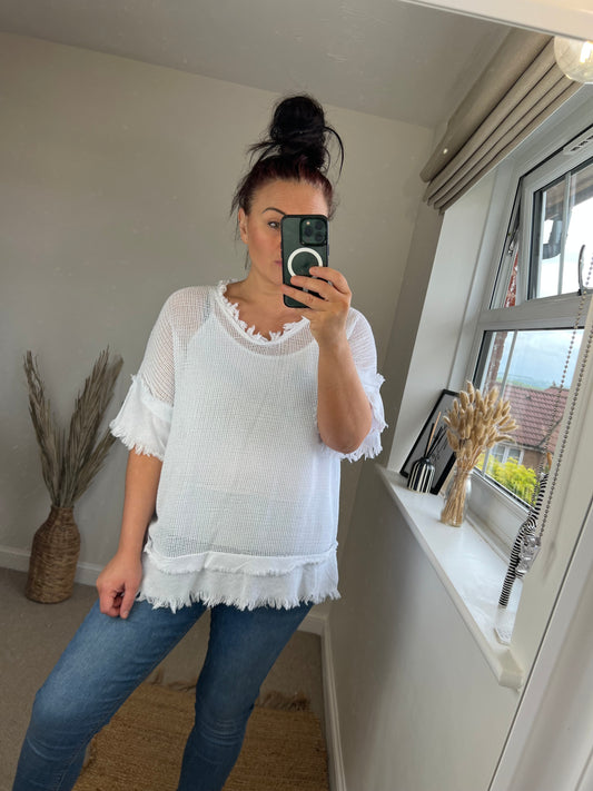 Raw Edge Mesh Top - White