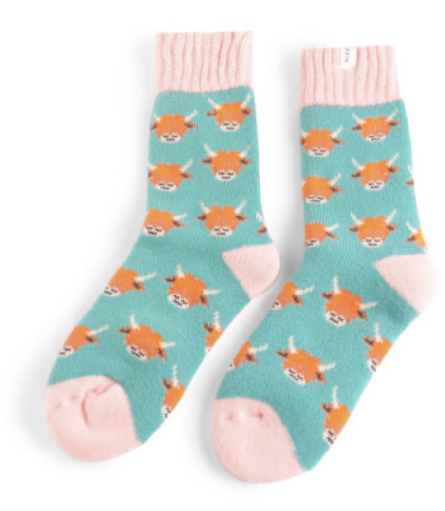Miss Sparrow Winter Socks - Highland Cow Duck Egg