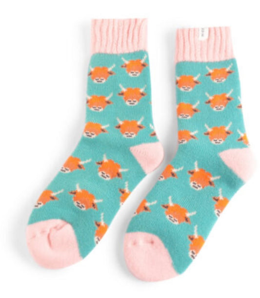 Miss Sparrow Winter Socks - Highland Cow Duck Egg