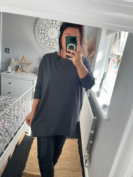 Long Sleeve Tshirt Tunic with Pockets - Charcoal