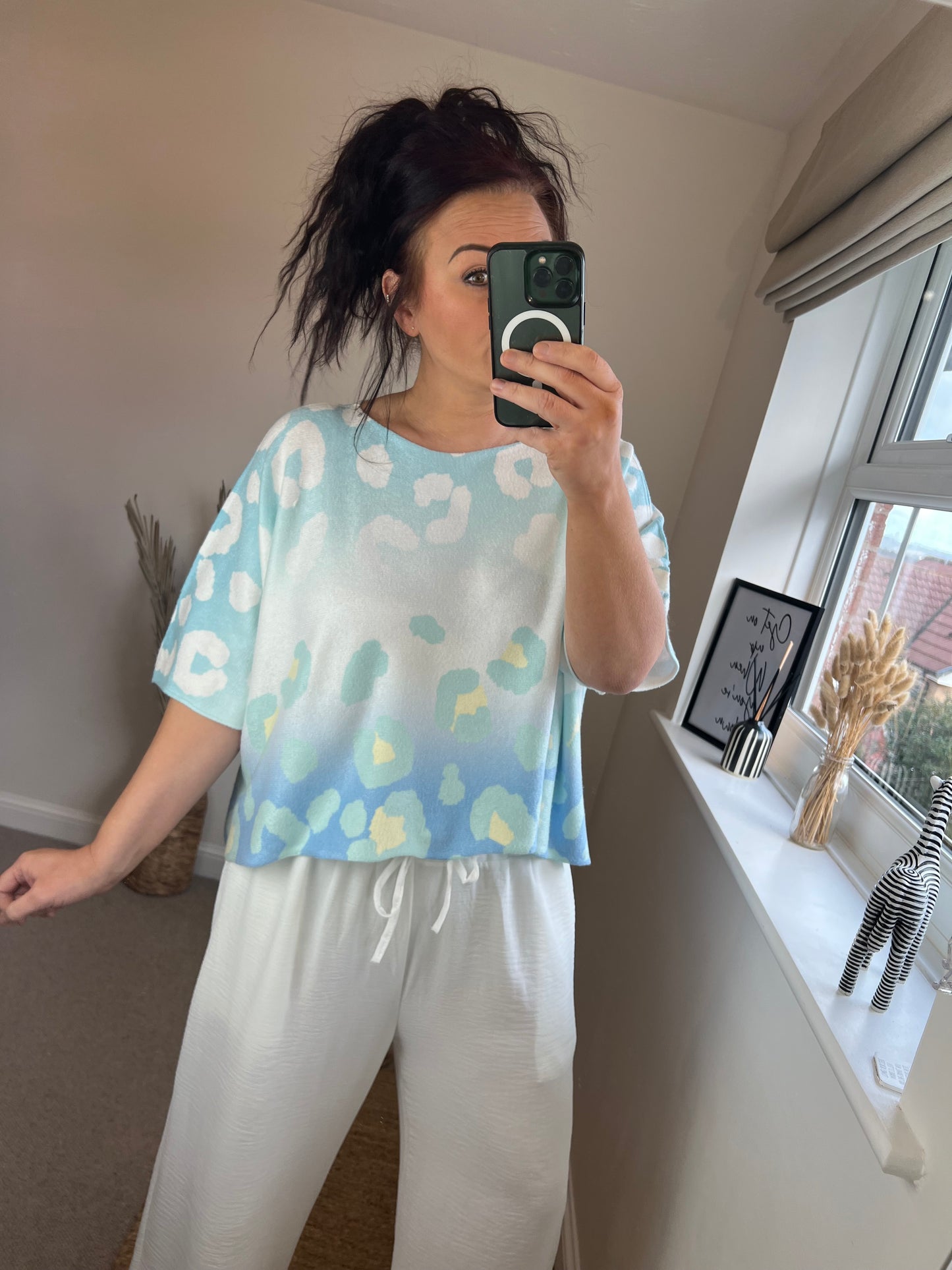 Cropped Sleeve Fine Knit Jumper - Leopard Blue