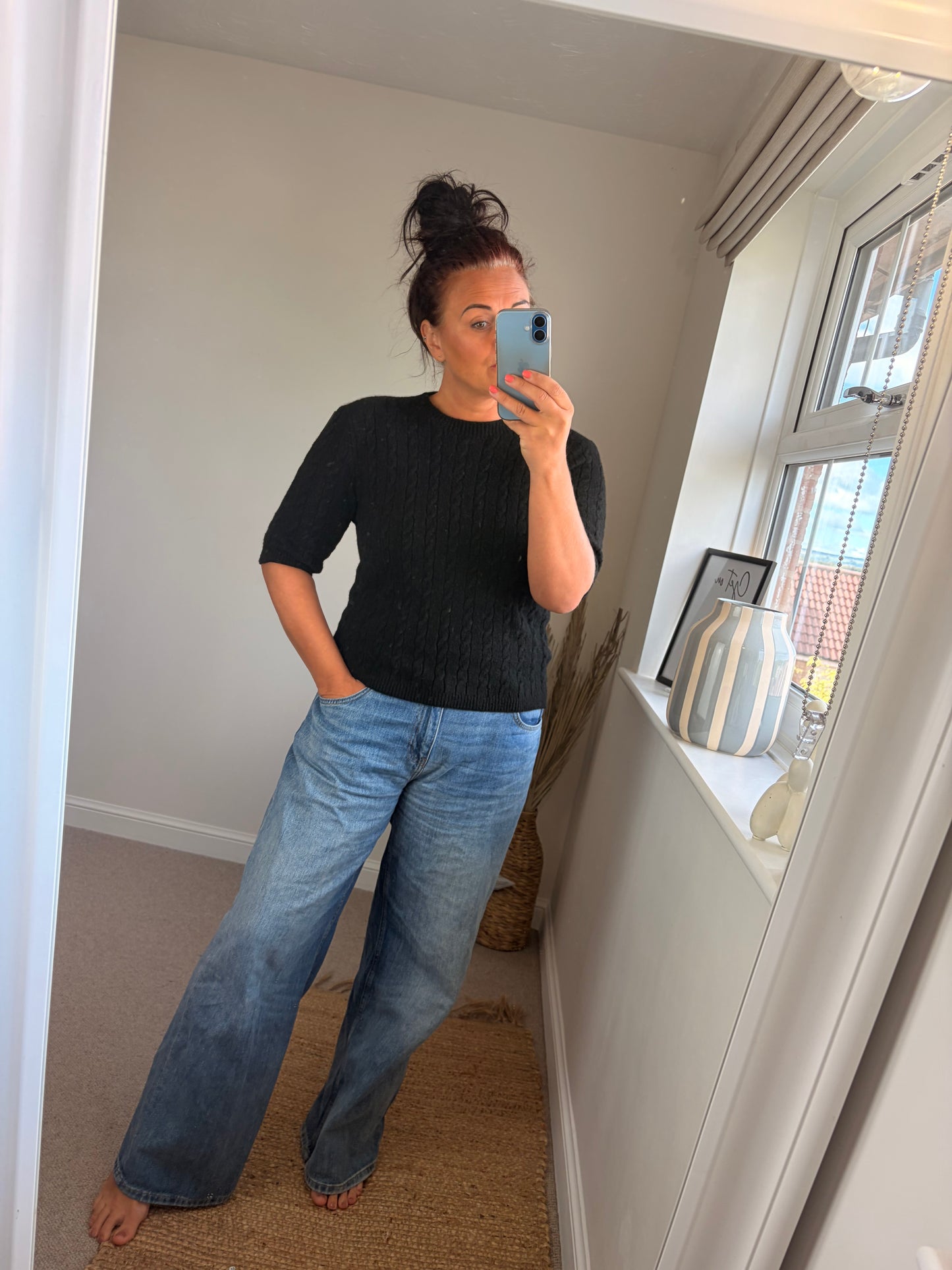 Cable Knit Short Sleeve Jumper - Black