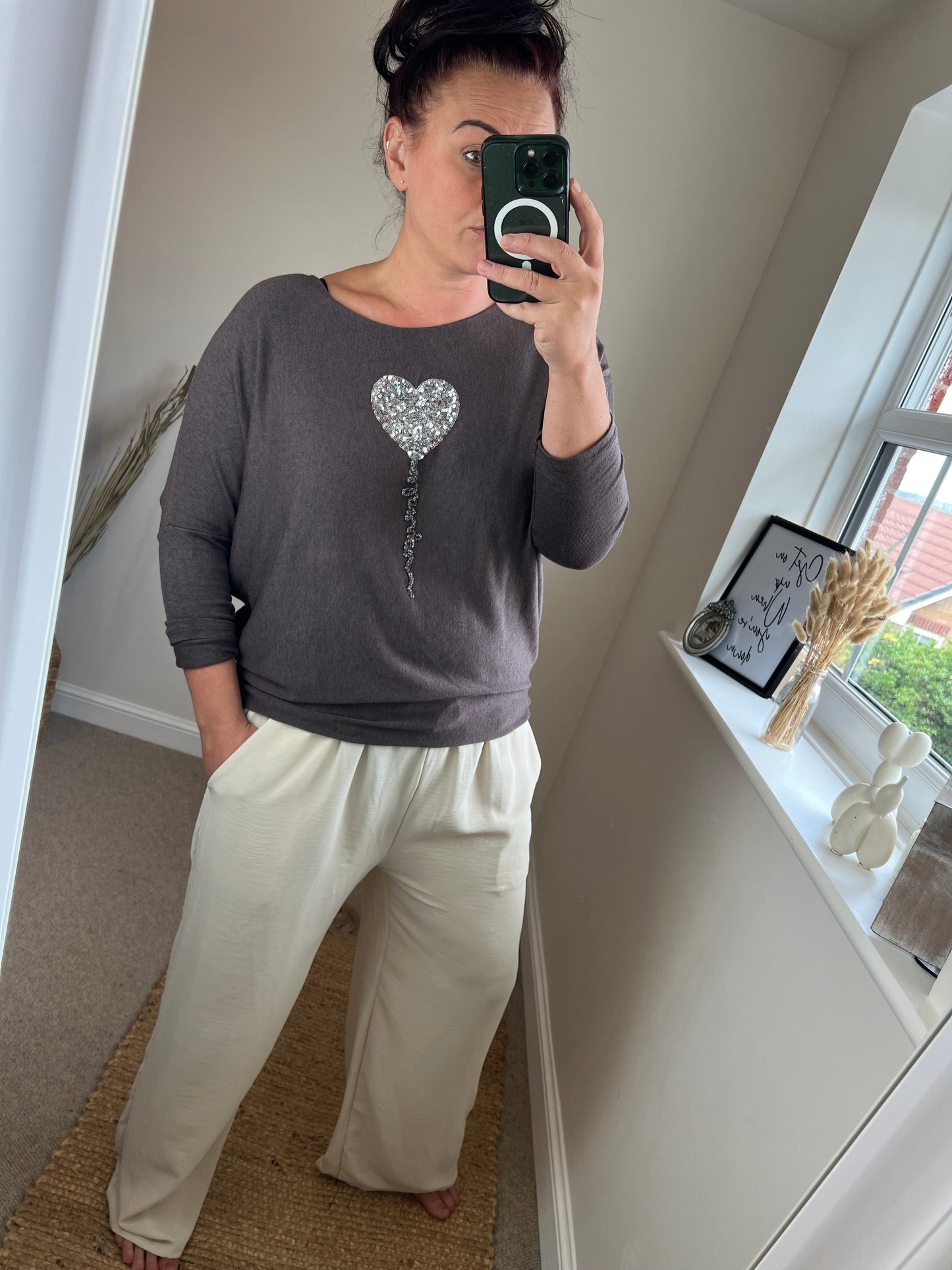 Fine Knit Sequin Heart Jumper - Chocolate