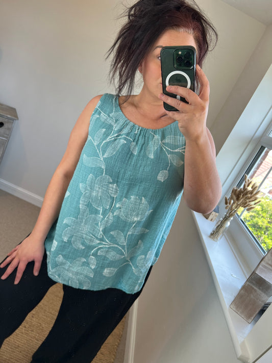 Cotton Overlay Vest Top - Aqua