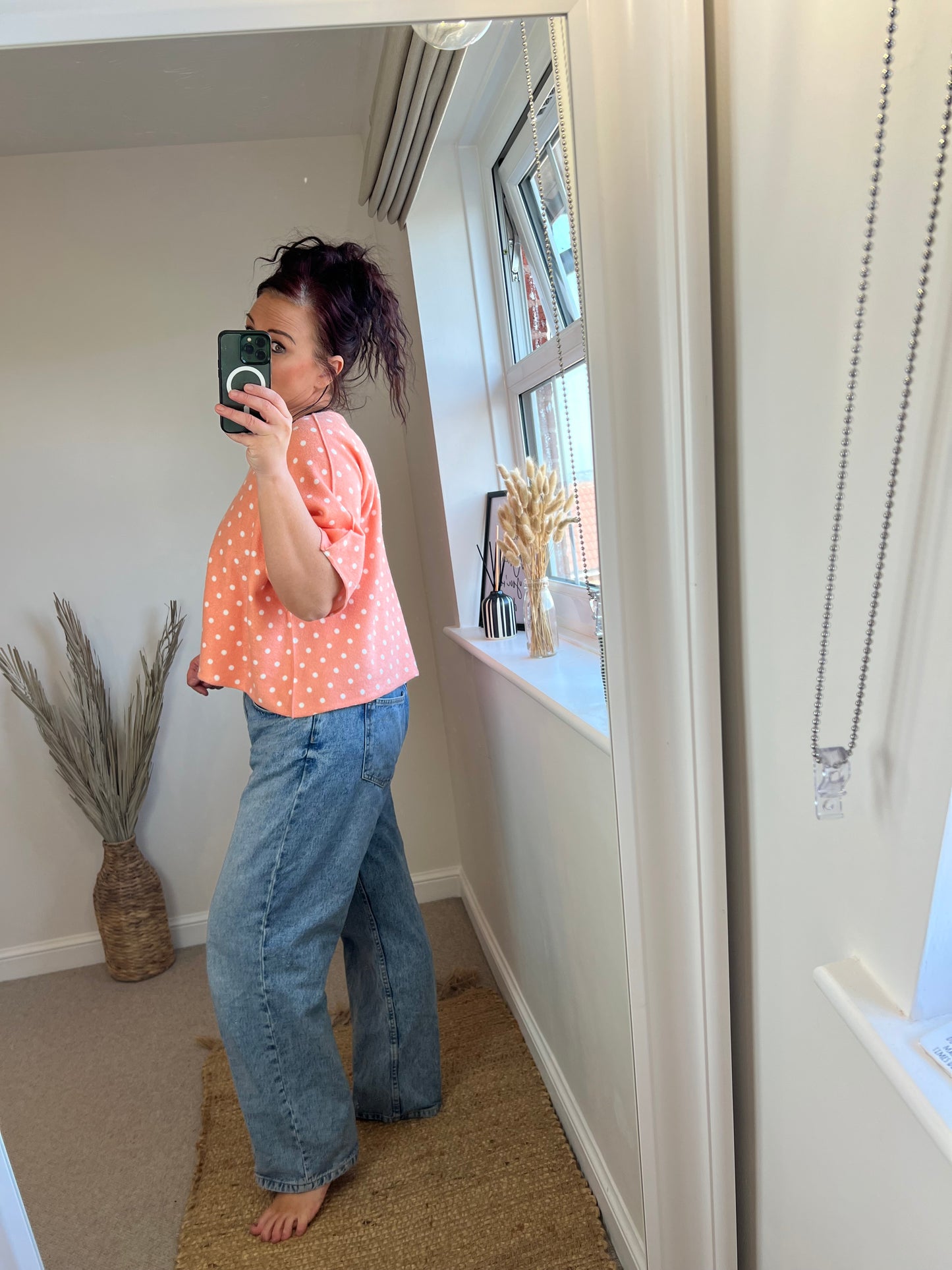 Cropped Sleeve Fine Knit Jumper - Orange Spots