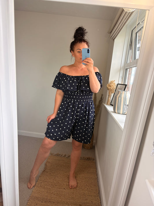 Shirred Waist Playsuit - Spotty Navy