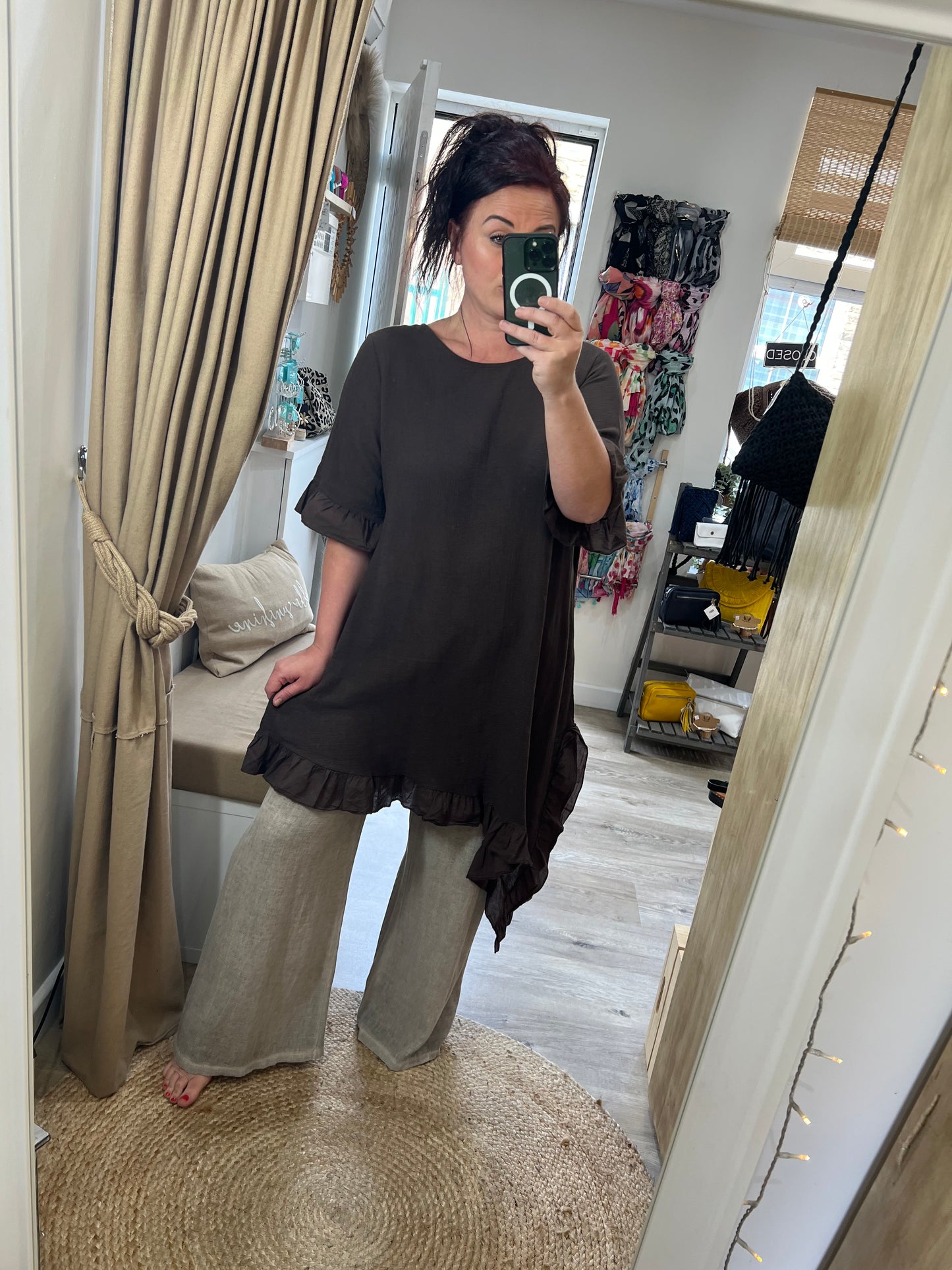 Linen Frill Tunic/Dress - Chocolate