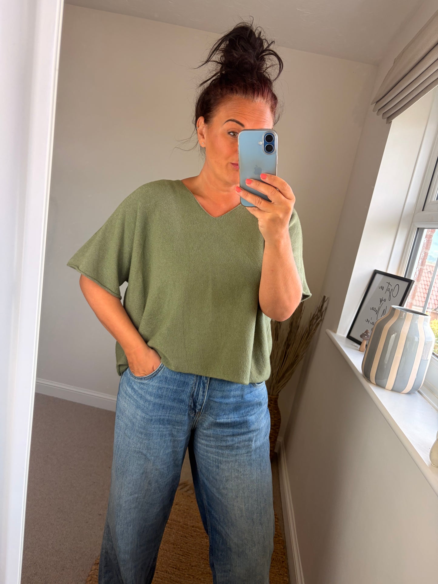 Boxy V Neck Short Sleeve Jumper - Khaki