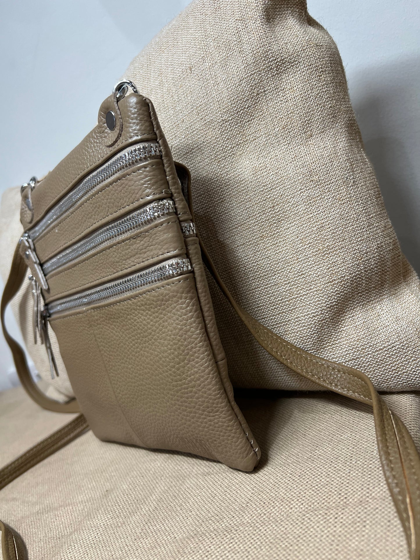 Leather Crossbody Bag - Beige