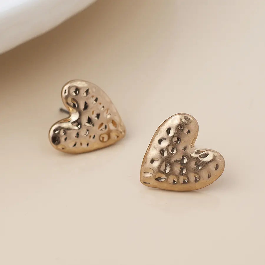 Peace of Mind - Silver Plated Hammered Heart Earrings - Gold