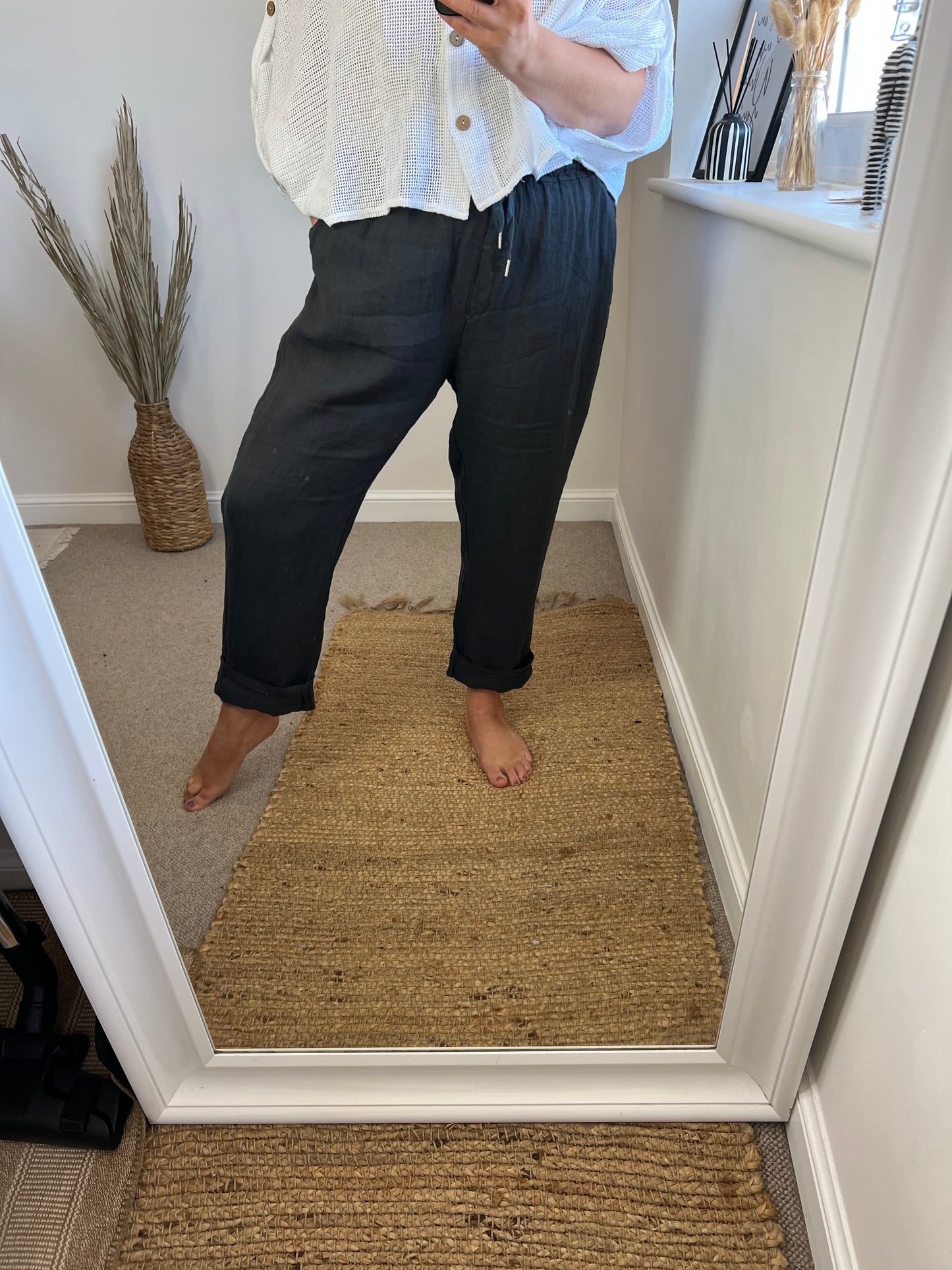 Linen Turn Up Trousers - Charcoal