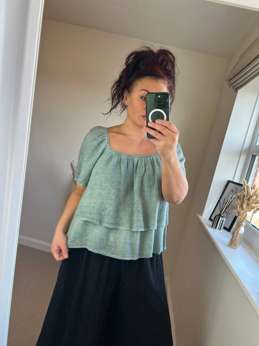 Linen Smock Top - Sage