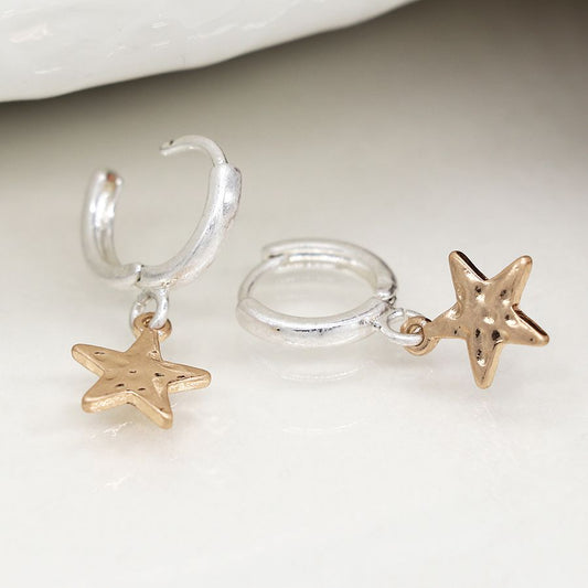 Peace Of Mind - Silver Plated Faux Gold Star Hoop Earrings