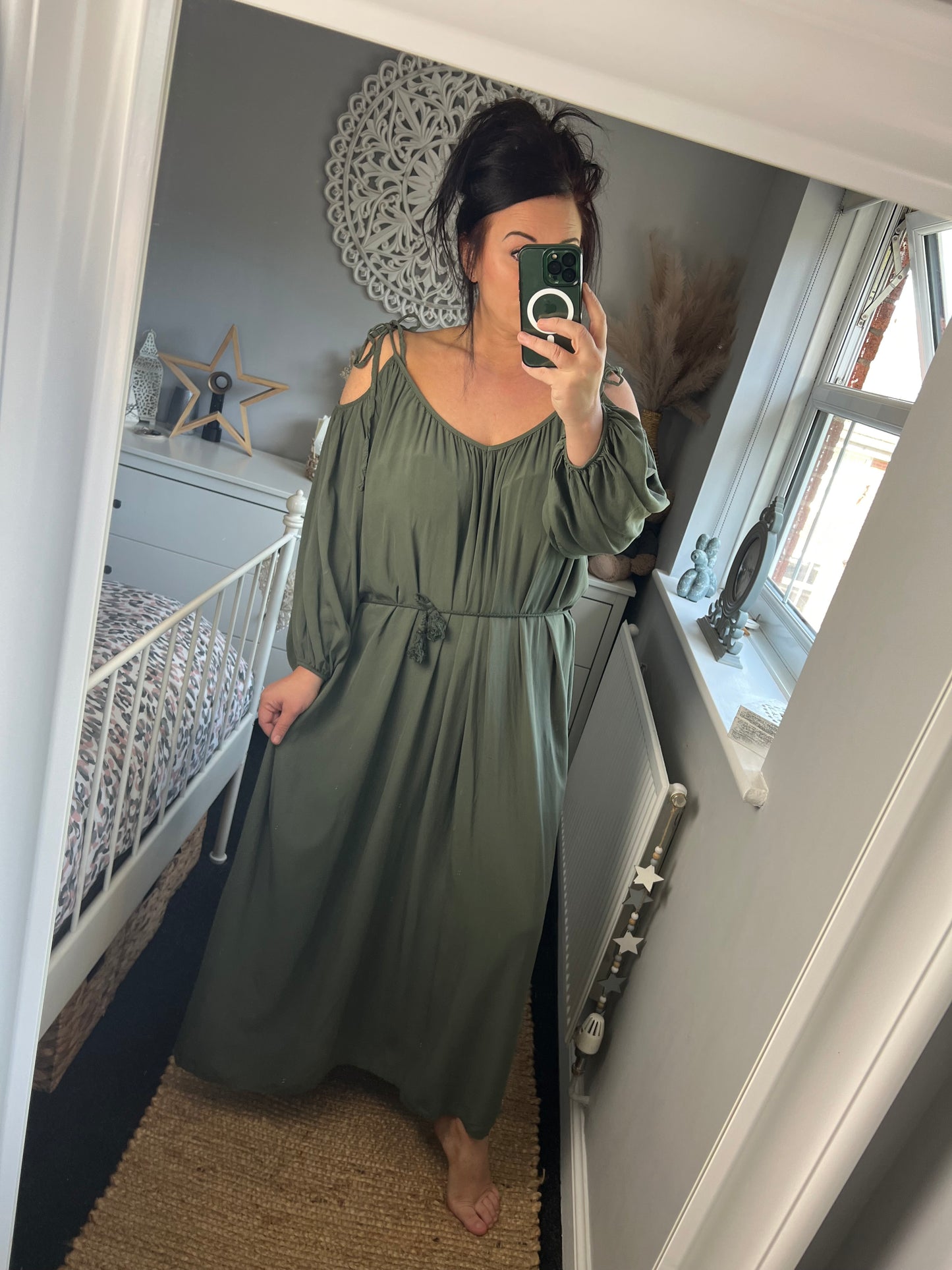 Cold Shoulder Grecian Dress - Khaki