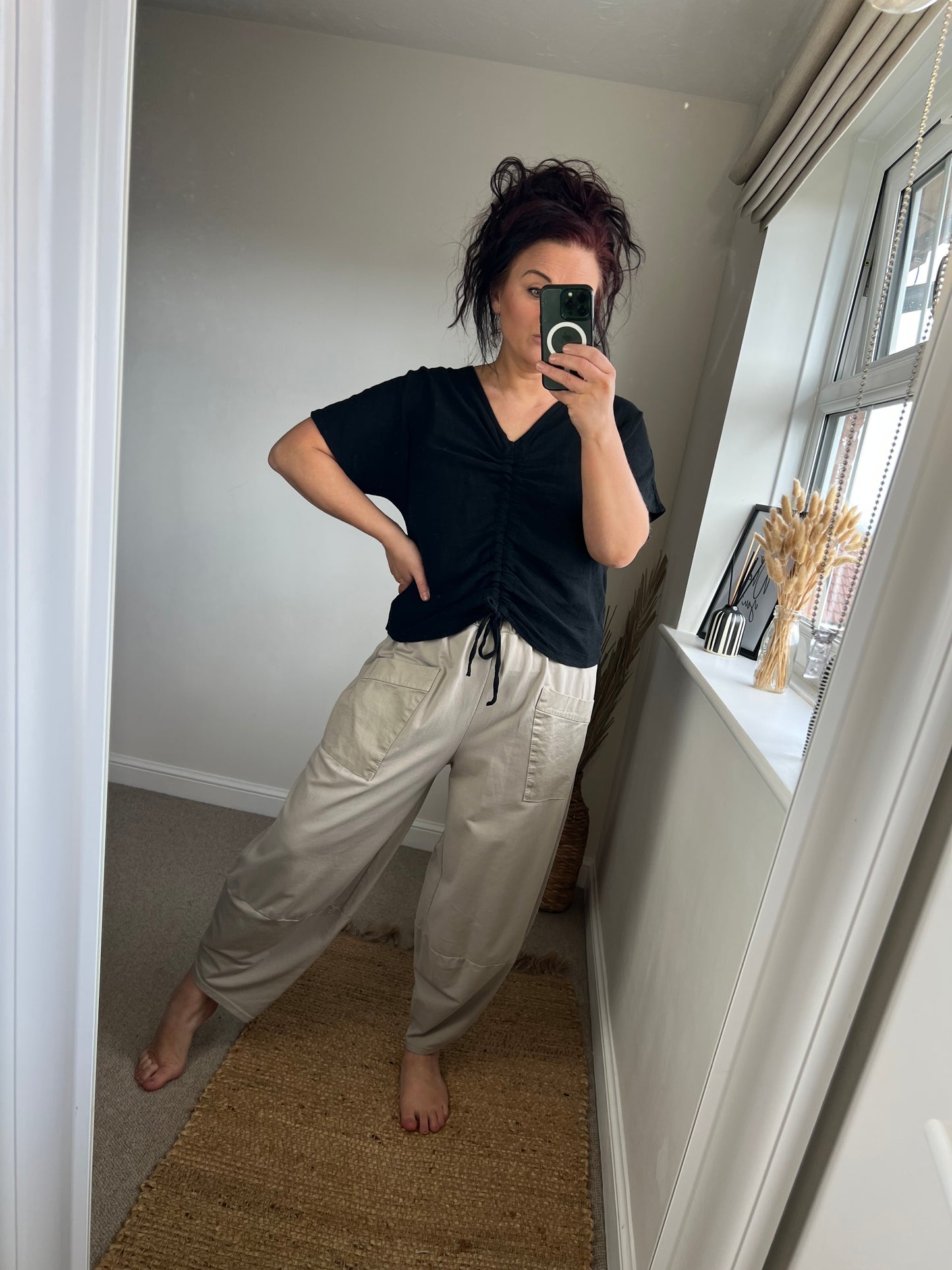 Jersey Barrel Leg Trousers - Beige