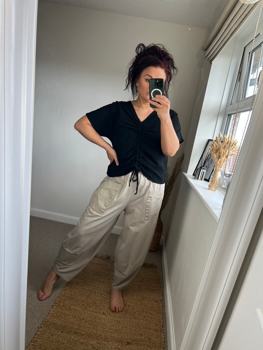 Jersey Barrel Leg Trousers - Beige