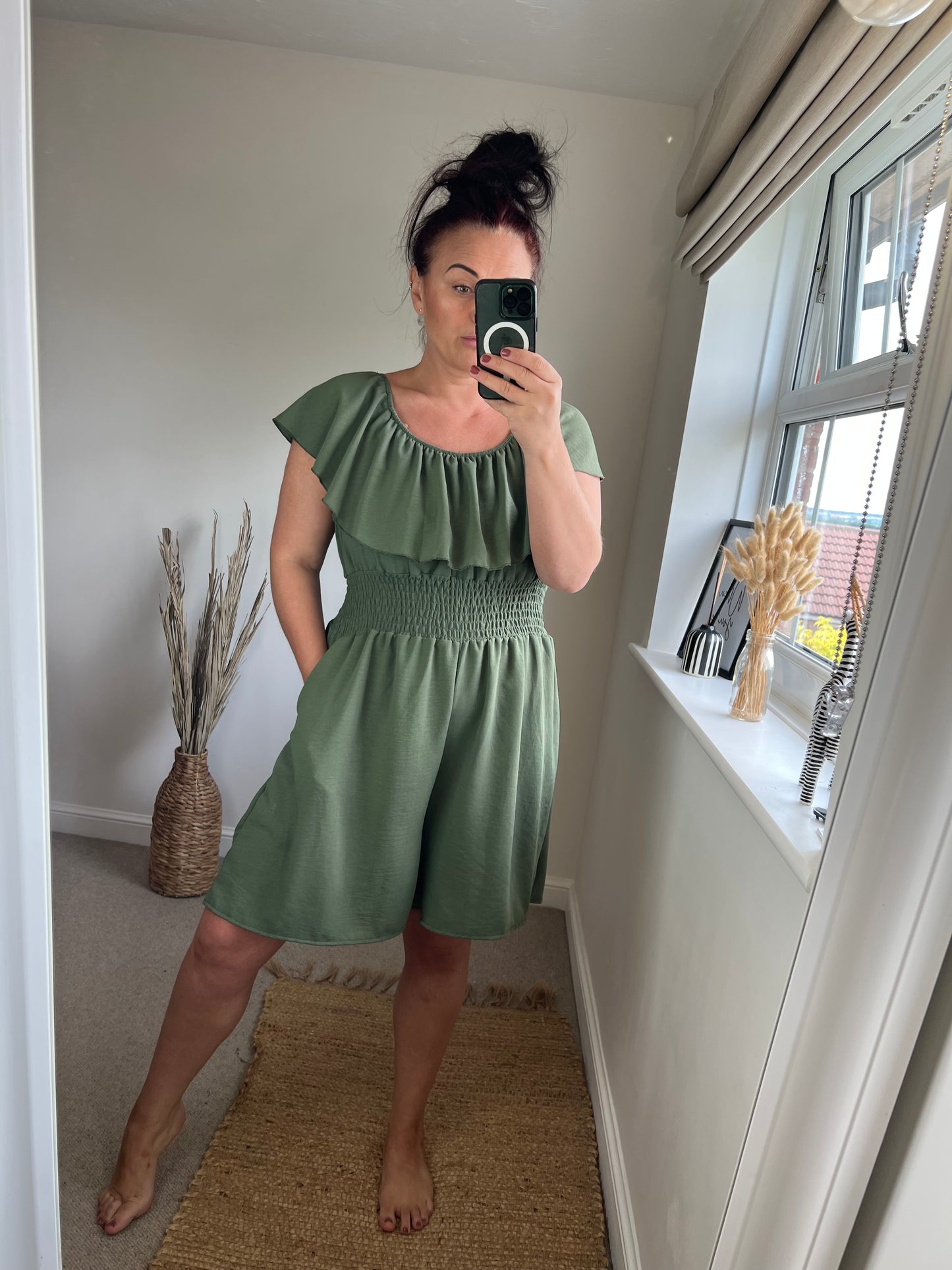 Shirred Waist Playsuit - Khaki