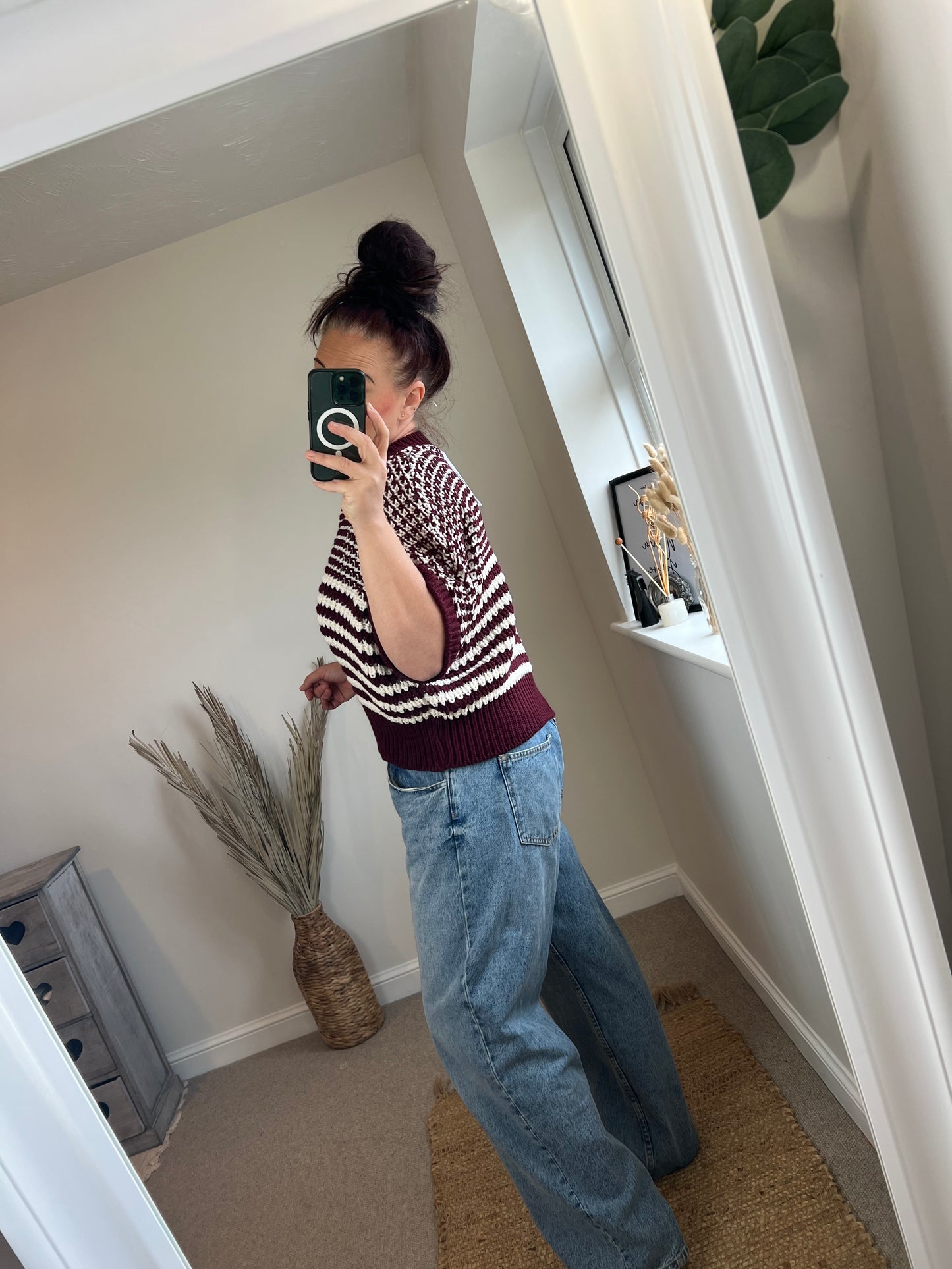 Chunky Knit Stripe Jumper - Wine/Cream
