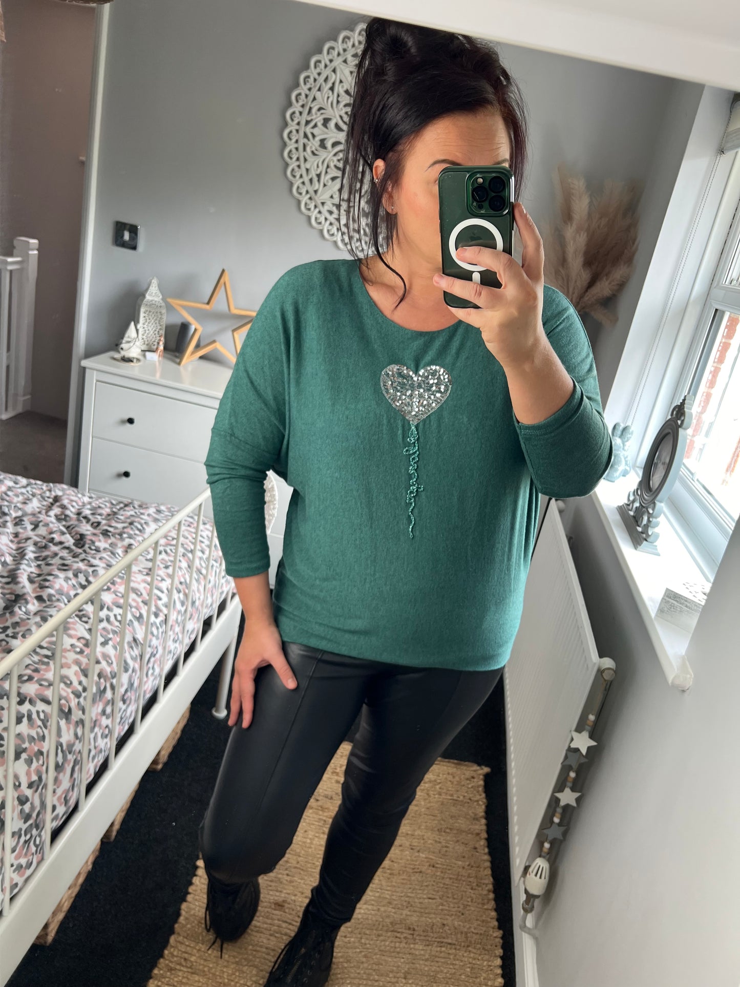 Fine Knit Sequin Heart Jumper - Jade
