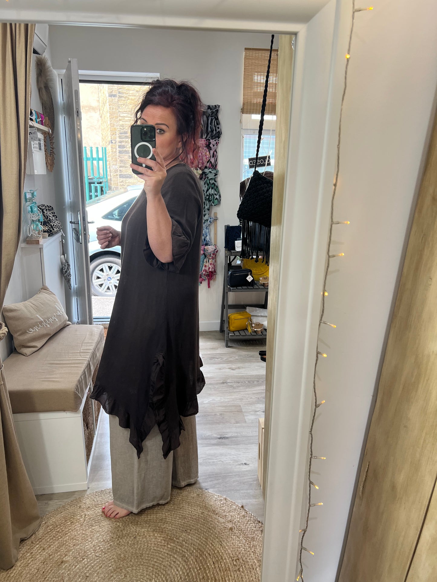 Linen Frill Tunic/Dress - Chocolate