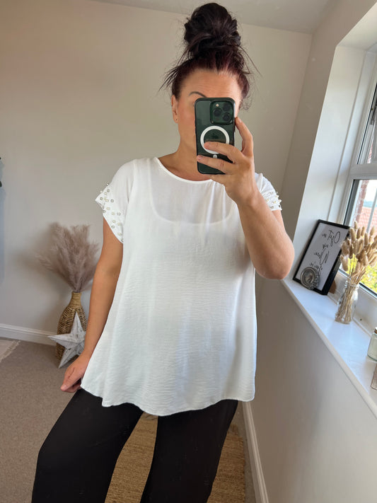 Diamanté Sleeve Top - White