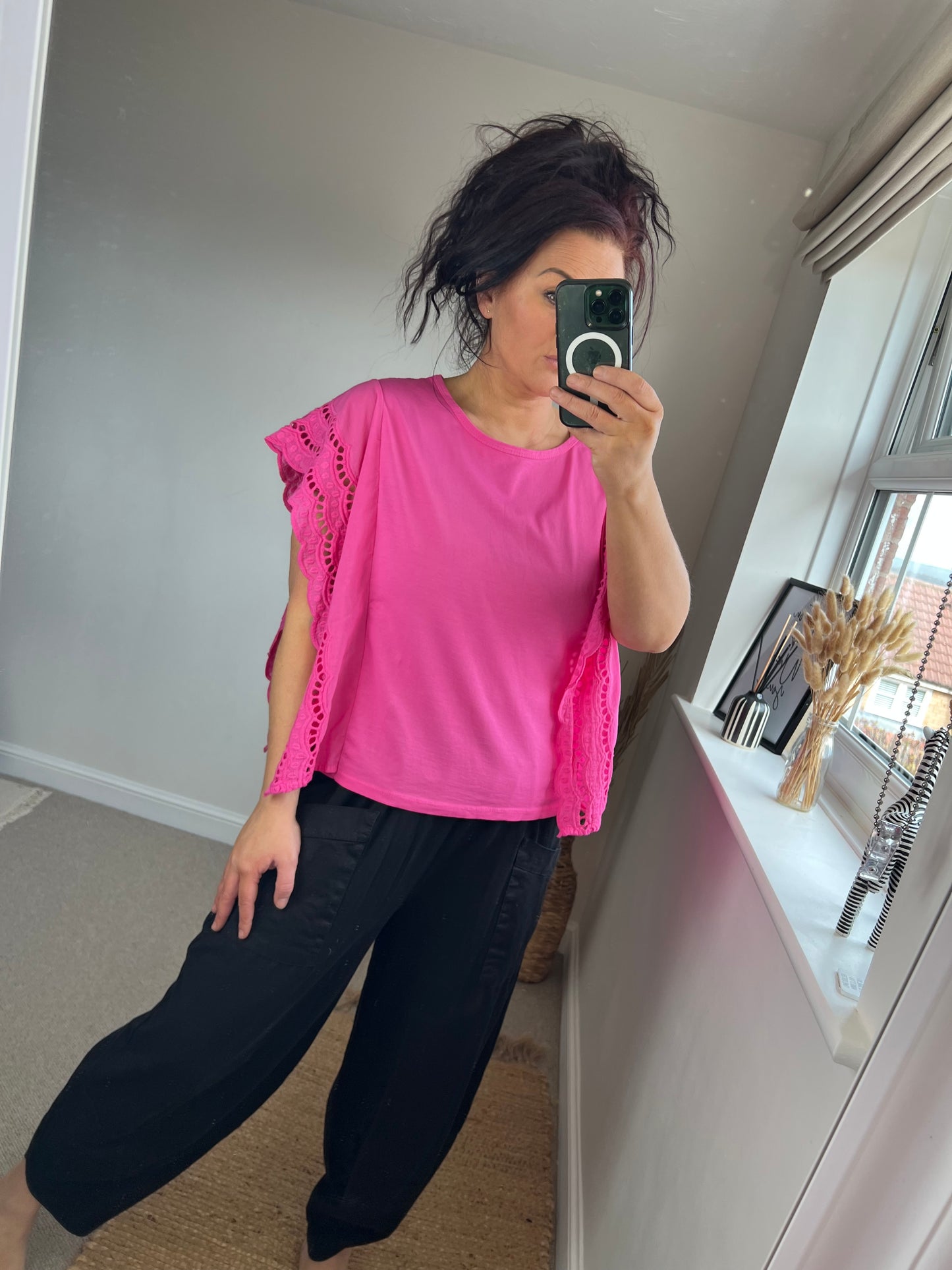 Embroidery Anglaise Frill Sleeve T-Shirt - Cerise
