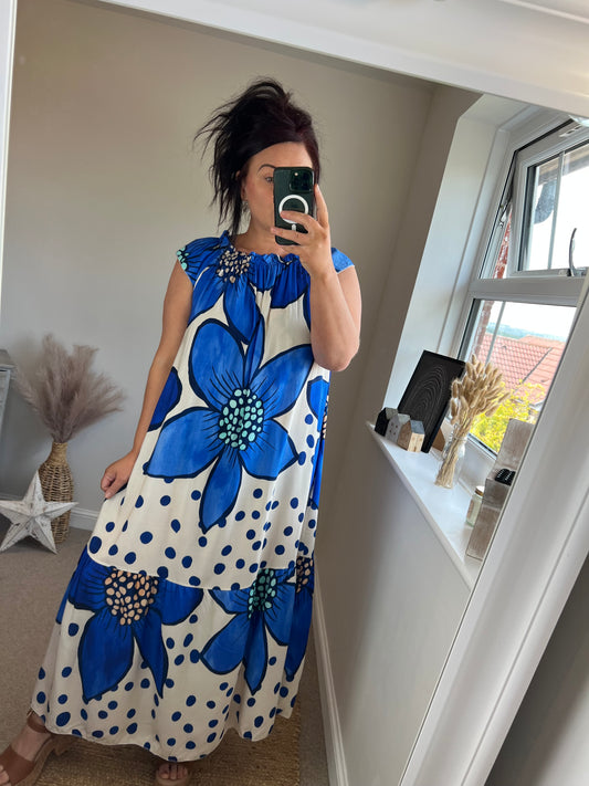 Full length view Women’s blue floral maxi dress with oversized flower print and polka dots on ivory background, relaxed fit with gathered neckline