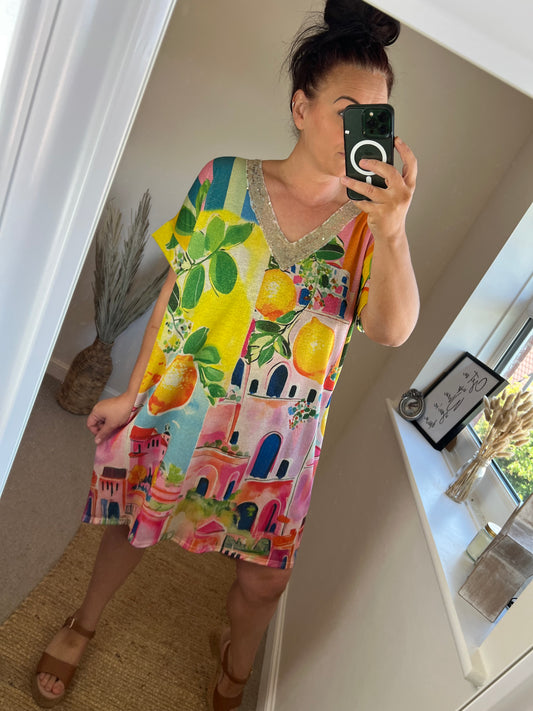 Fine Knit V Neck Dress - Lemons