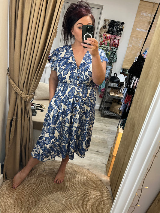 LOTTIE Midi Button Dress with Pockets - Blue