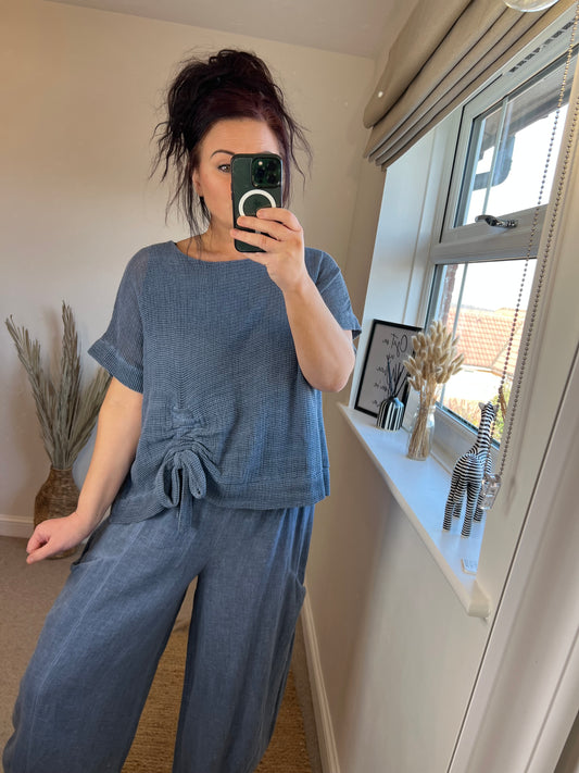 Waffle Drawstring Top - Blue