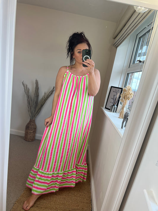 Striped Cotton Maxi Dress - Neon