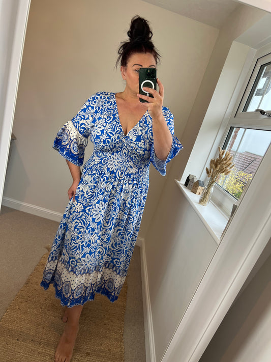 Shirred Waist Midi Dress - Cobalt