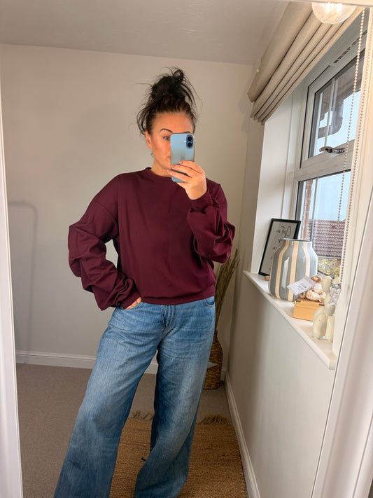 Ruched Sleeve Sweatshirt - Wine