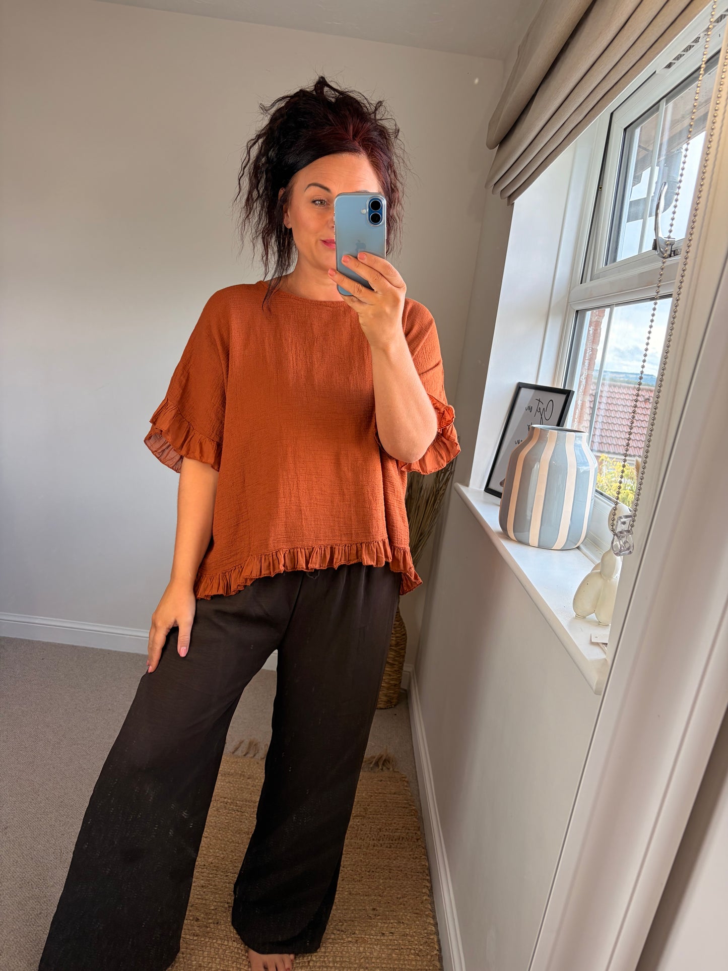 Cotton Ruffle Trim Top - Rust