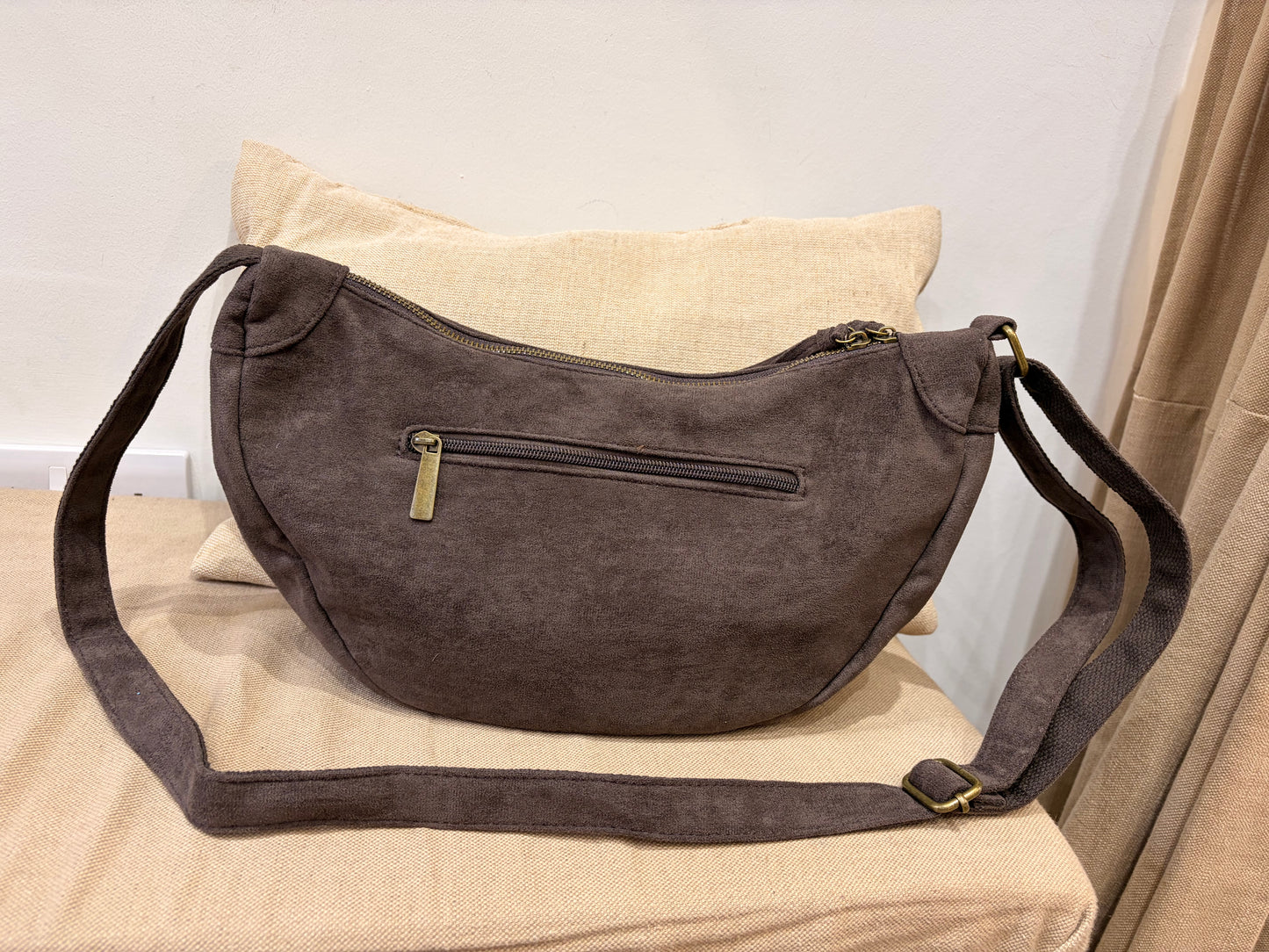 Faux Suede Half Moon Crossbody Bag - Chocolate
