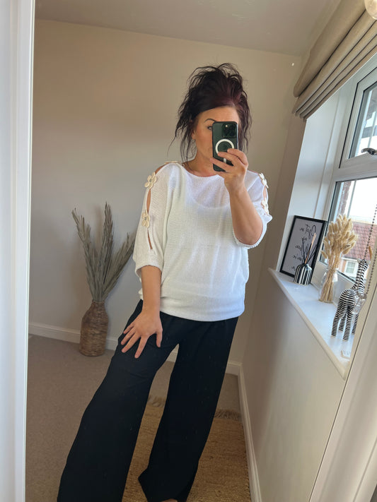 Flower Cold Shoulder Top - White