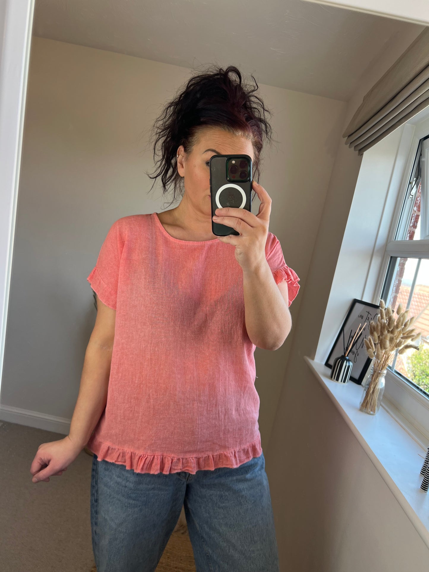 Washed Frill Top - Coral