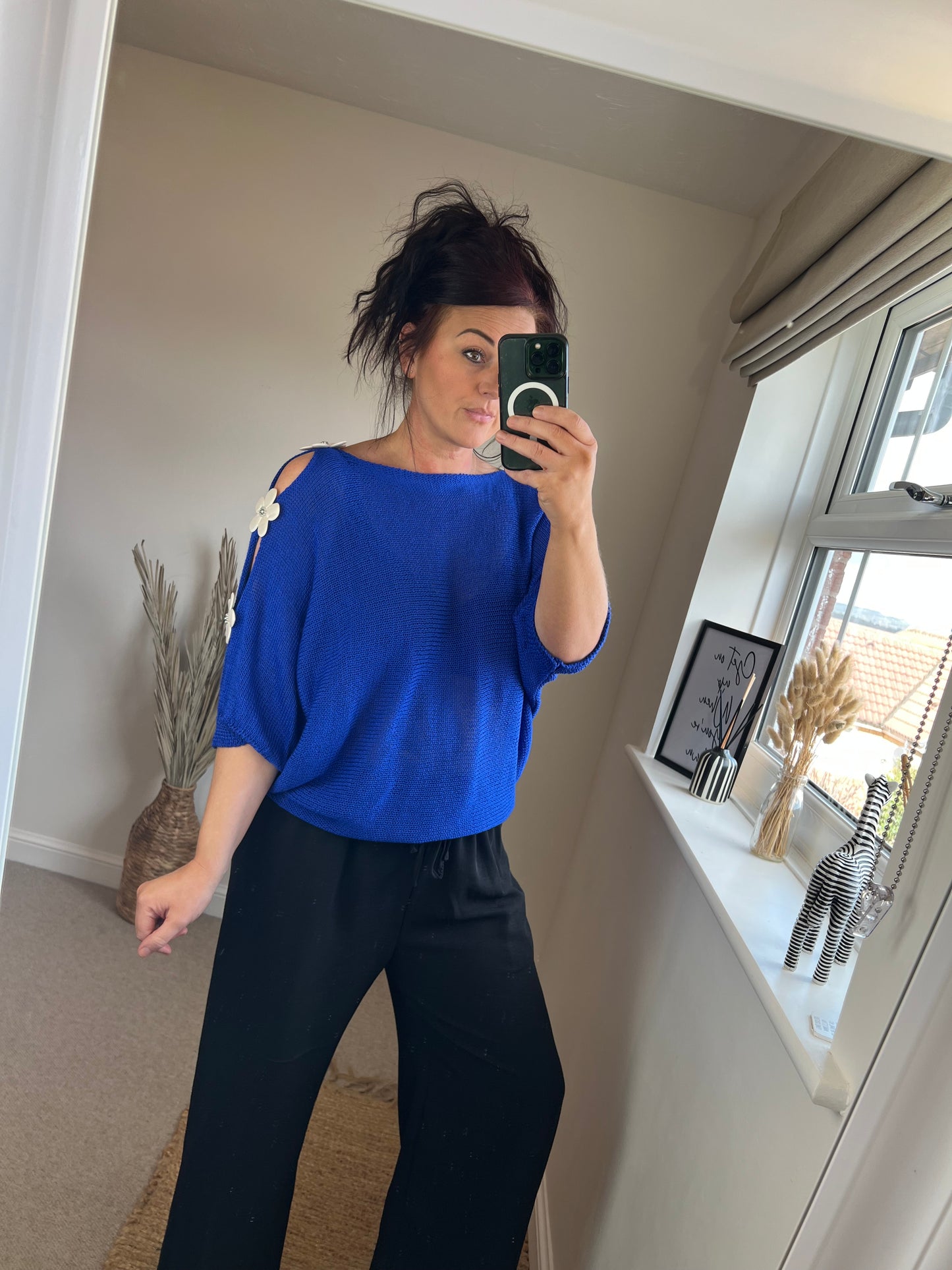 Flower Cold Shoulder Top - Cobalt