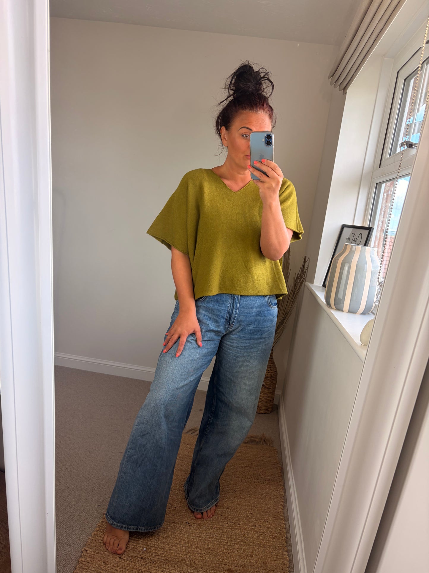 Boxy V Neck Short Sleeve Jumper - Pistachio