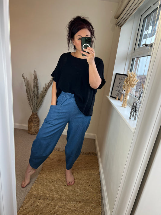 Barrel Leg Stretchy Denim Trousers - Mid