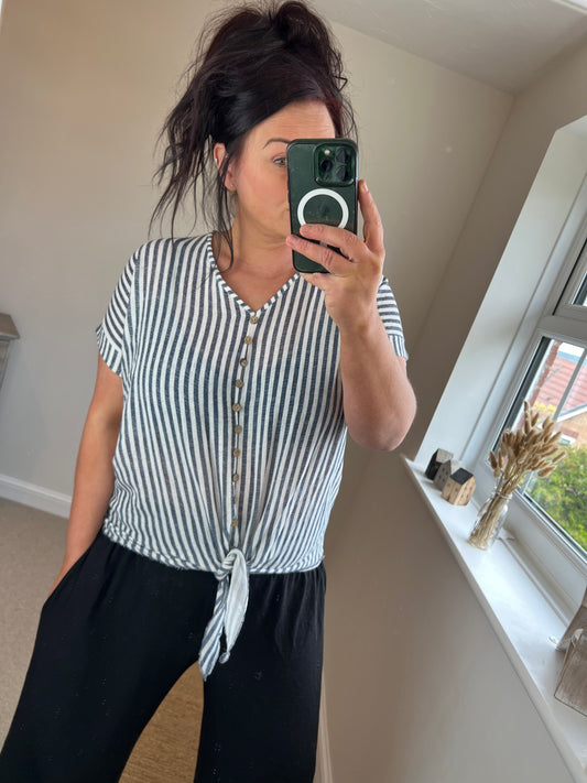 Cotton Tie Front Stripe Top - Denim