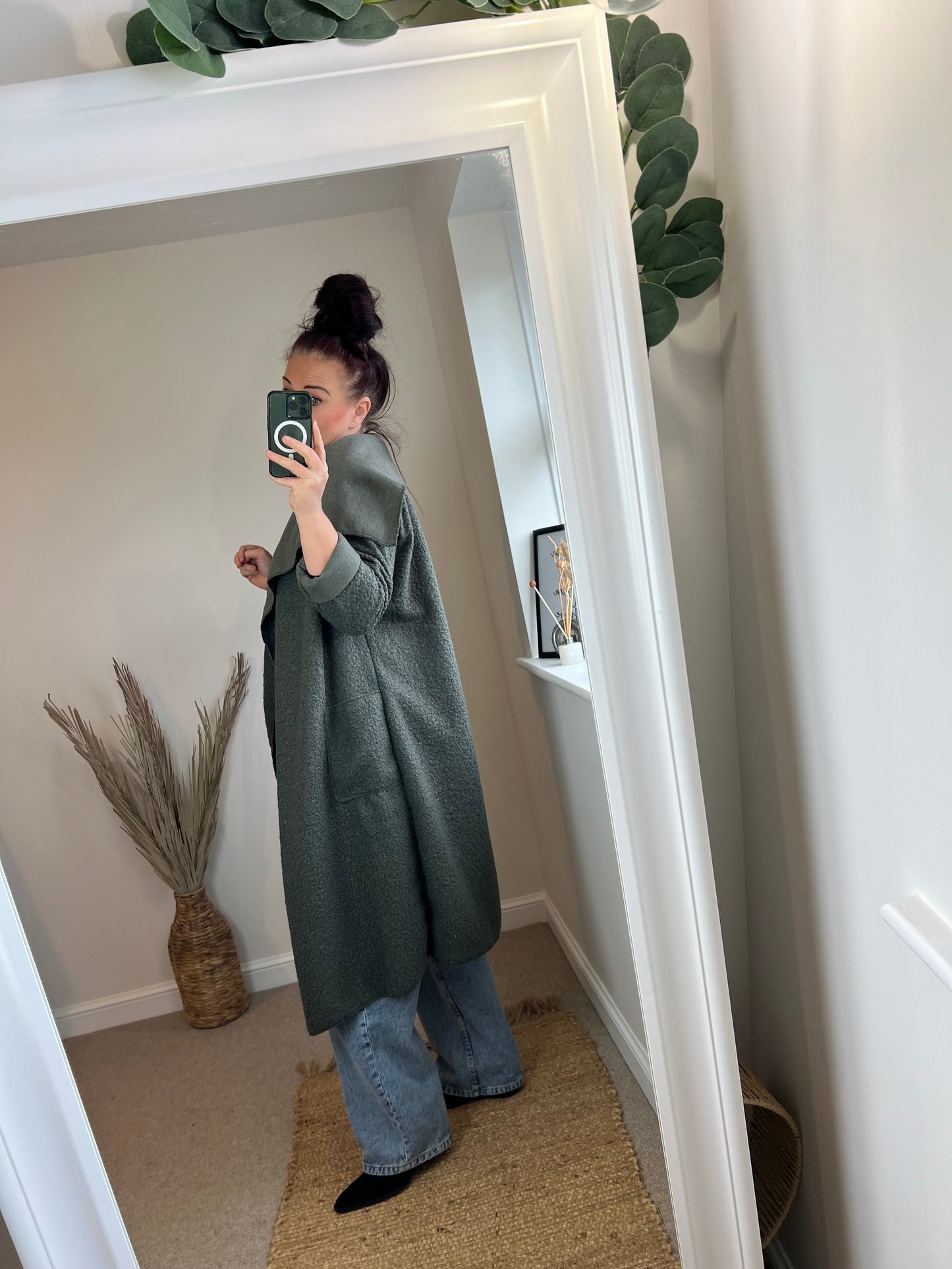 Boucle Open Front Coat - Khaki