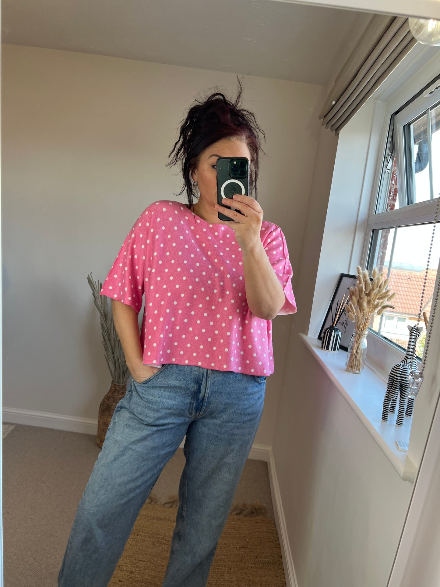 Cropped Sleeve Fine Knit Jumper - Pink Spots