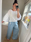 Linen Balloon Sleeve Top - White