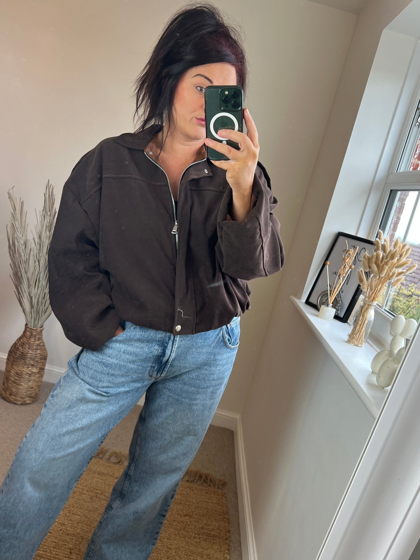 Faux Suede Oversized Bomber Jacket - Chocolate