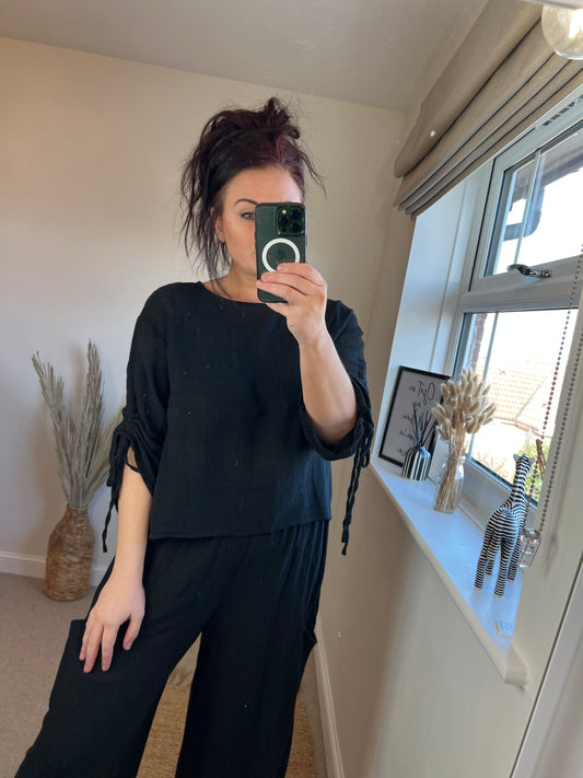 Linen Drawstring Arm Top - Black