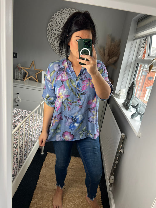 SANDY Lillies Cotton Shirt - Blue