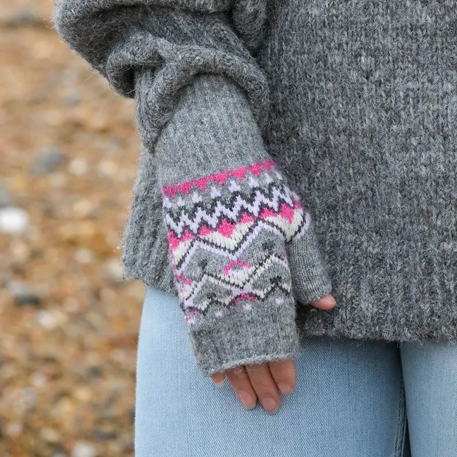 Fair Isle Fingerless Gloves - Grey