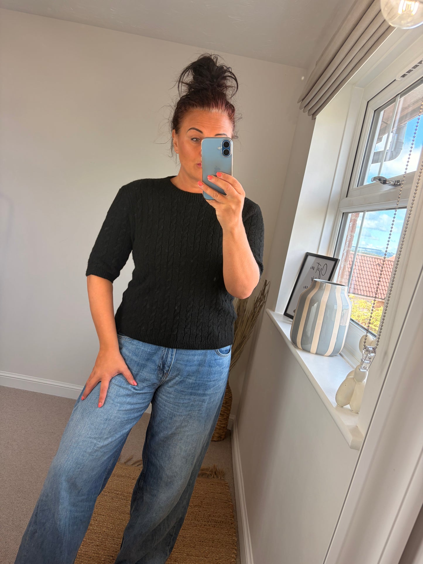 Cable Knit Short Sleeve Jumper - Black