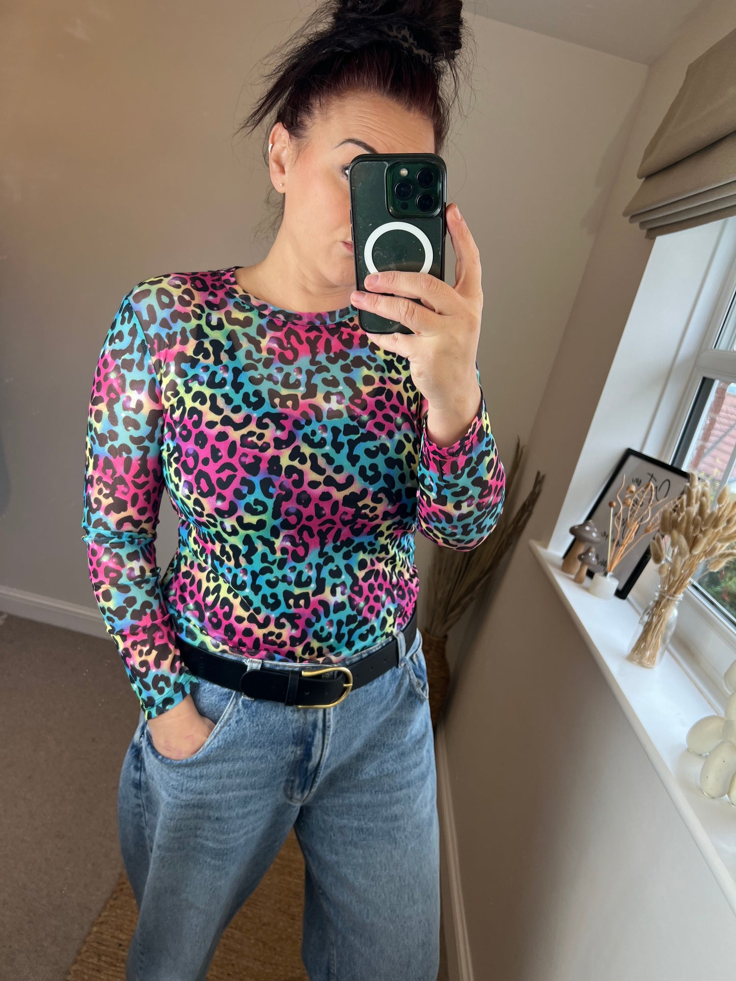 Mesh Long Sleeve Top - Bright Leopard